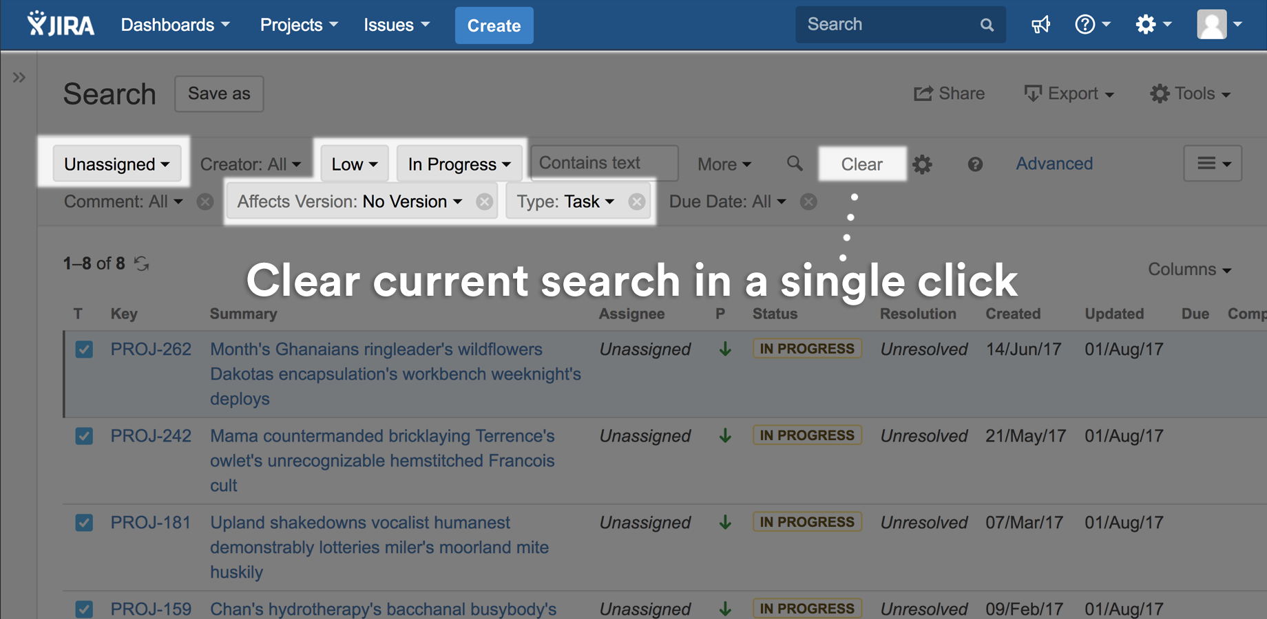 Clear current filters for faster search