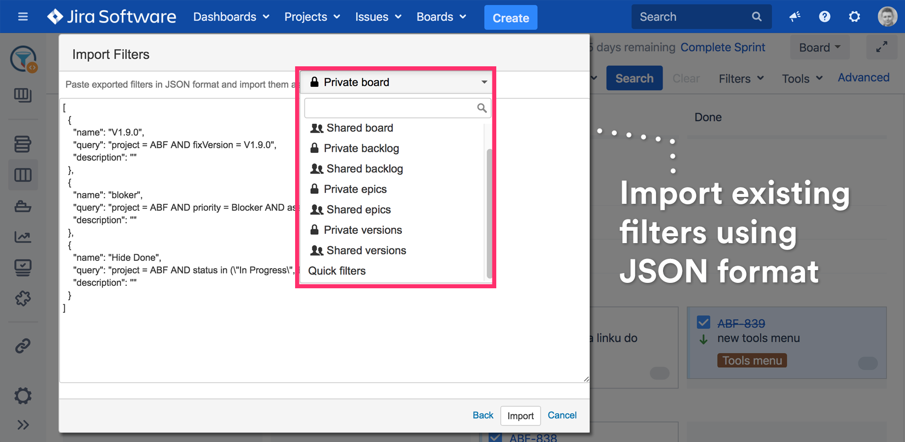 Import & export filters between boards