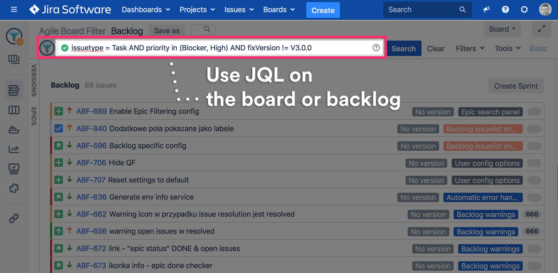 JQL filtering for advanced users