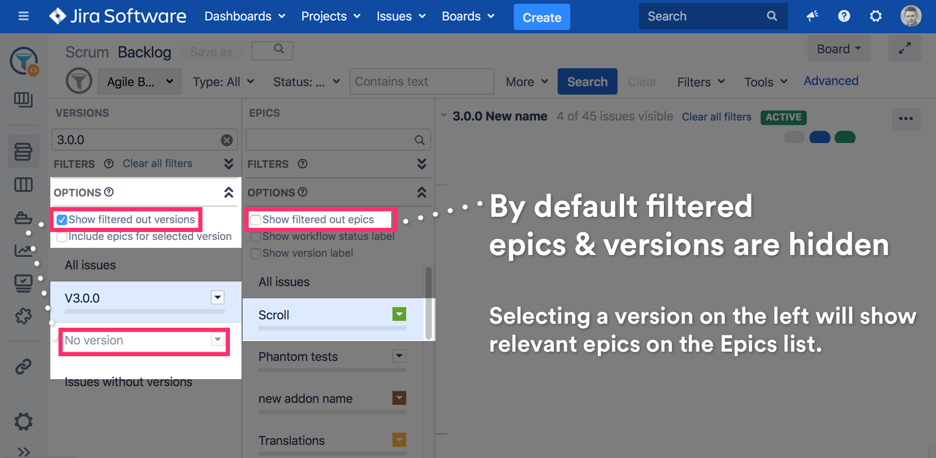 Hide filtered out epics or versions